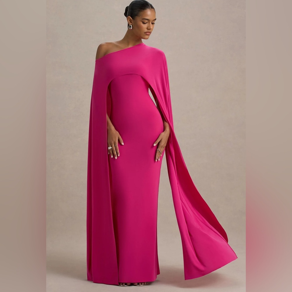FLORENTINA
HOT PINK ONE-SHOULDER CAPE MAXI DRESS